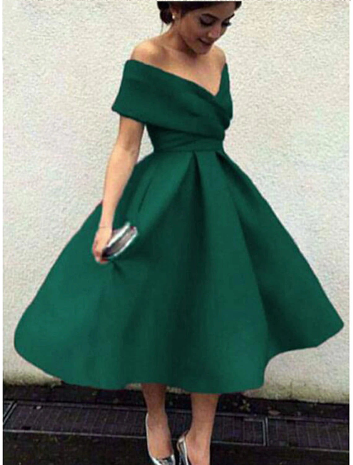 wholesale  A-Line Cocktail Dresses 1950s Dress Homecoming Formal Evening Tea Length Short Sleeve V Neck Stretch Fabric V Back with Pleats