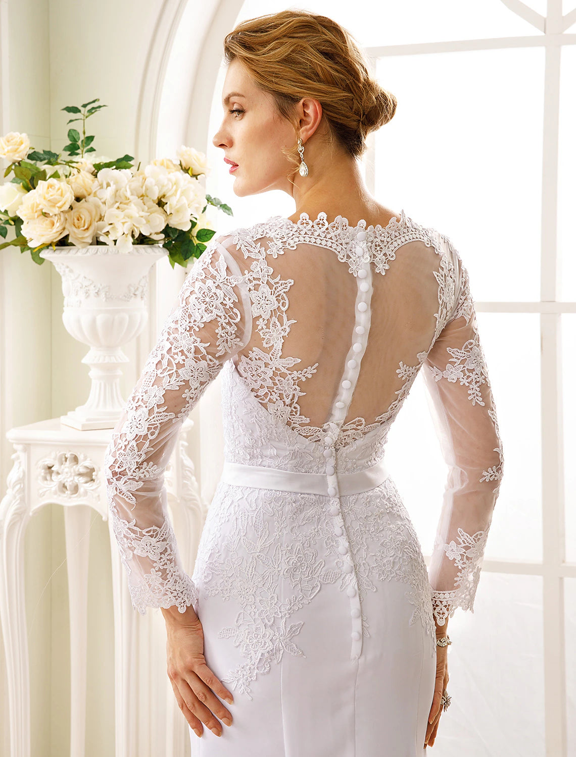 wholesale  Engagement Open Back Fall Formal Wedding Dresses Mermaid / Trumpet Illusion Neck Long Sleeve Court Train Chiffon Bridal Gowns With Sash / Ribbon Appliques