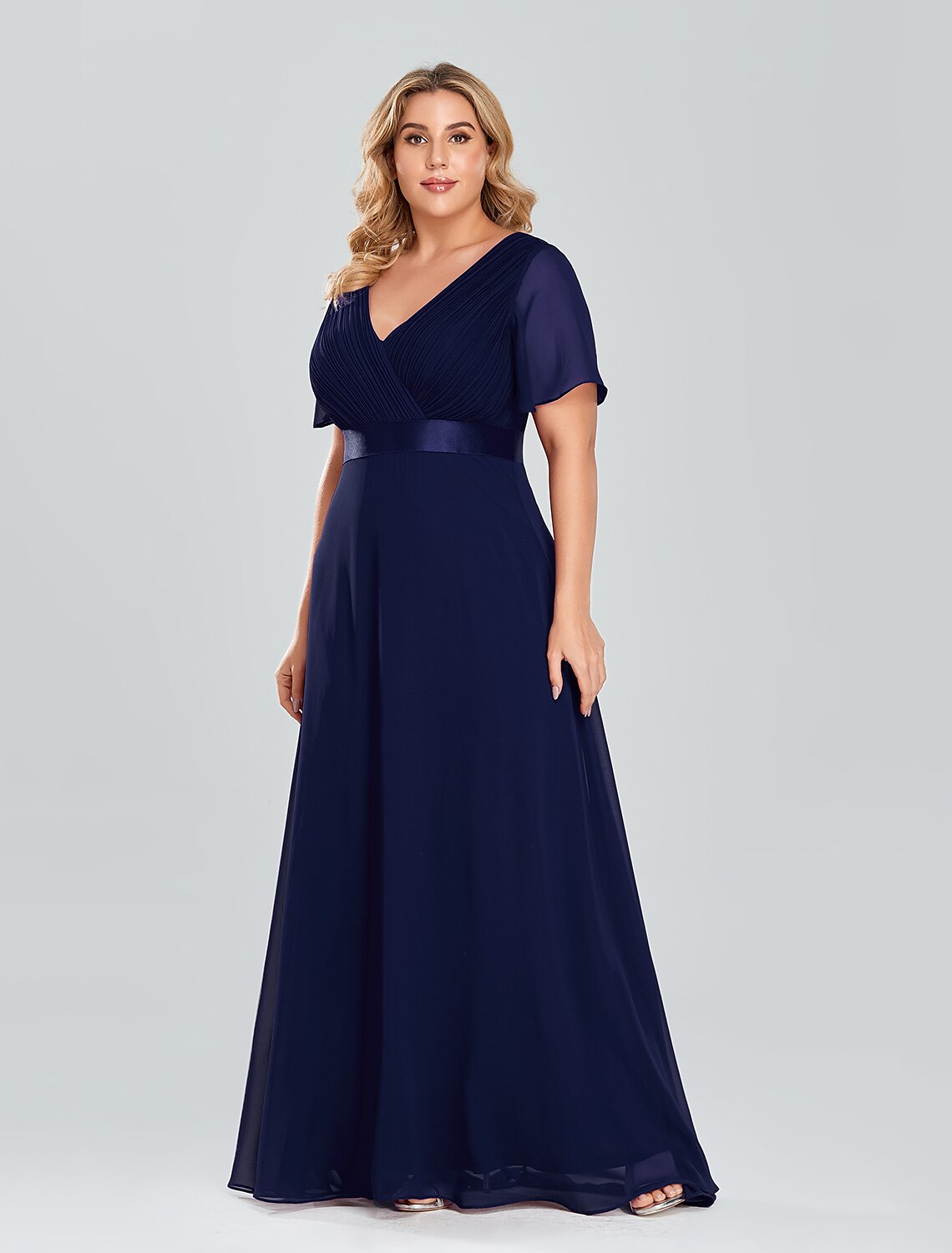 Wholesa A-Line Prom Dresses Empire Dress Wedding Guest Prom Floor Length Short Sleeve V Neck Bridesmaid Dress Chiffon with Pleats