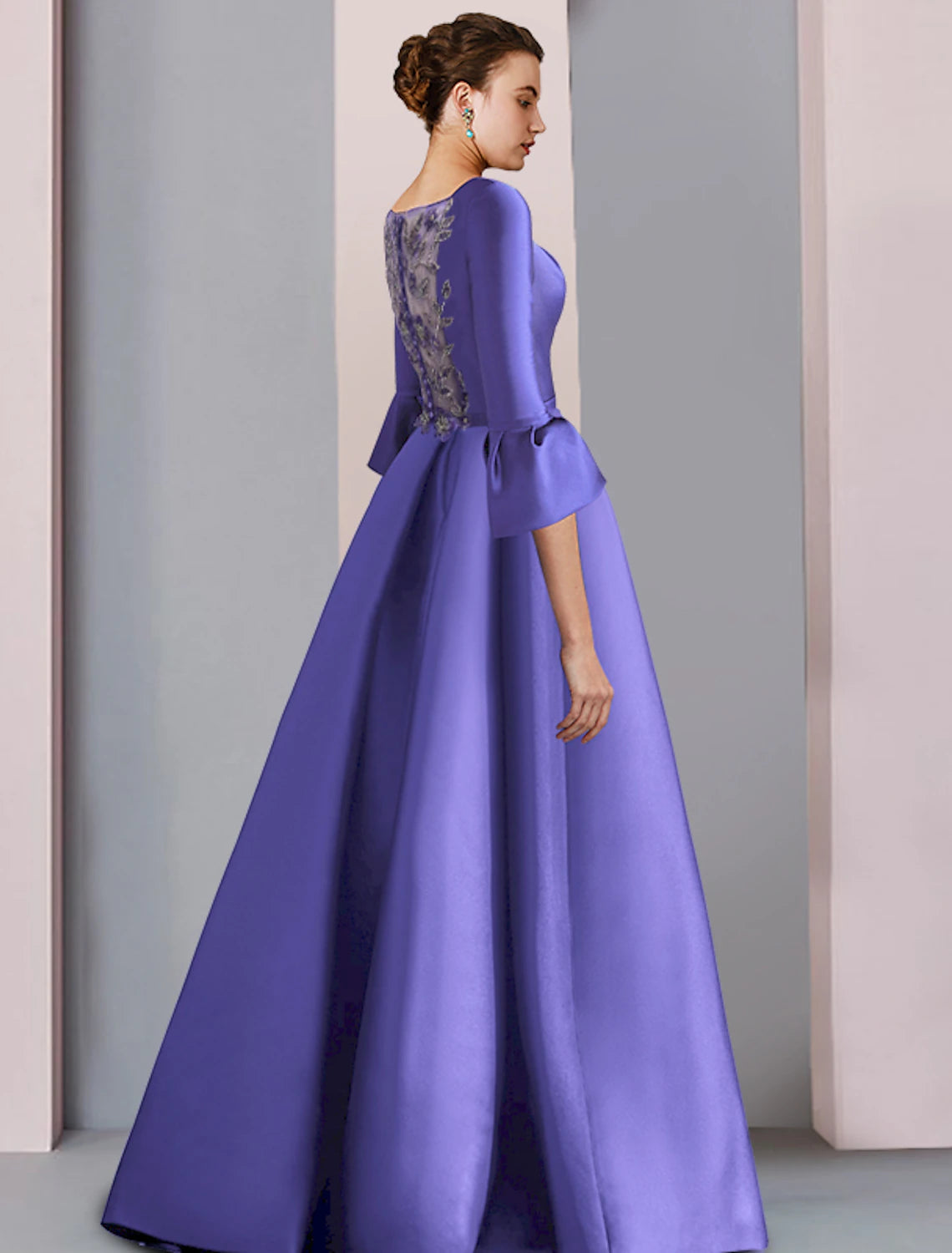 wholesale   A-Line Mother of the Bride Dress Formal Party Elegant Scoop Neck Floor Length Satin 3/4 Length Sleeve with Bow(s) Pleats Embroidery