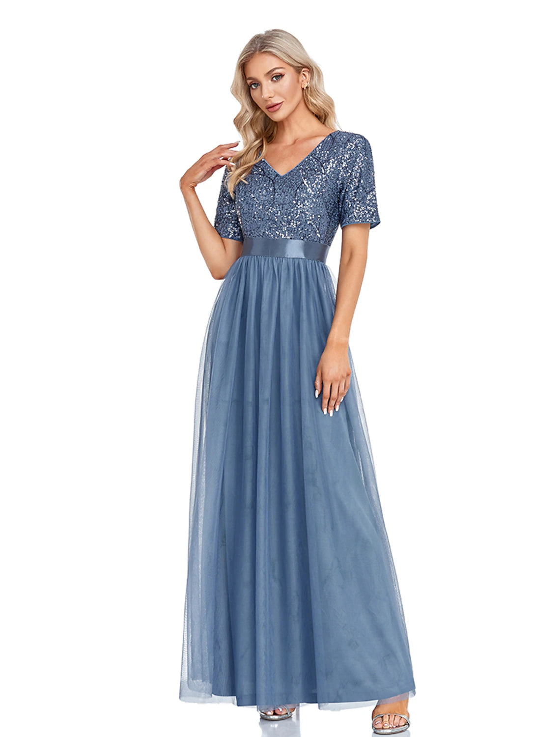 wholesa A-Line Evening Gown Sparkle & Shine Dress Wedding Guest Prom Floor Length Short Sleeve V Neck Bridesmaid Dress Tulle with Sequin Splicing