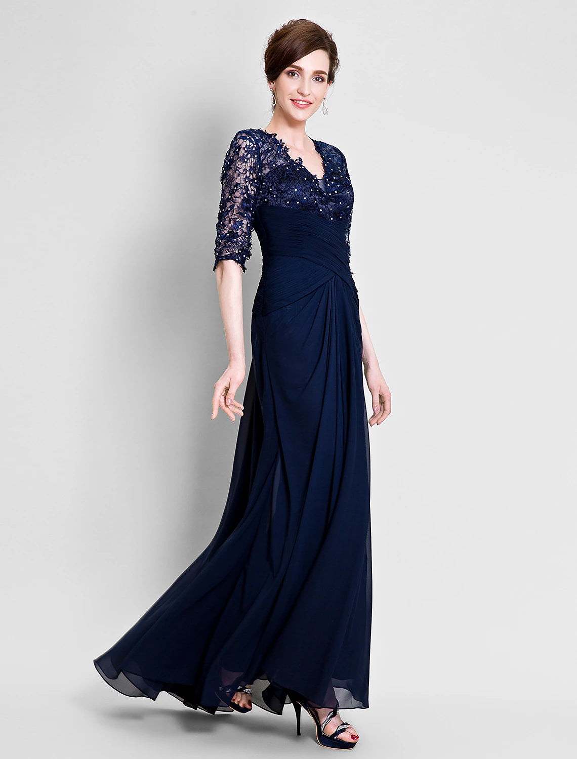 wholesale  A-Line Mother of the Bride Dress See Through V Neck Floor Length Chiffon Lace Half Sleeve No with Lace Beading