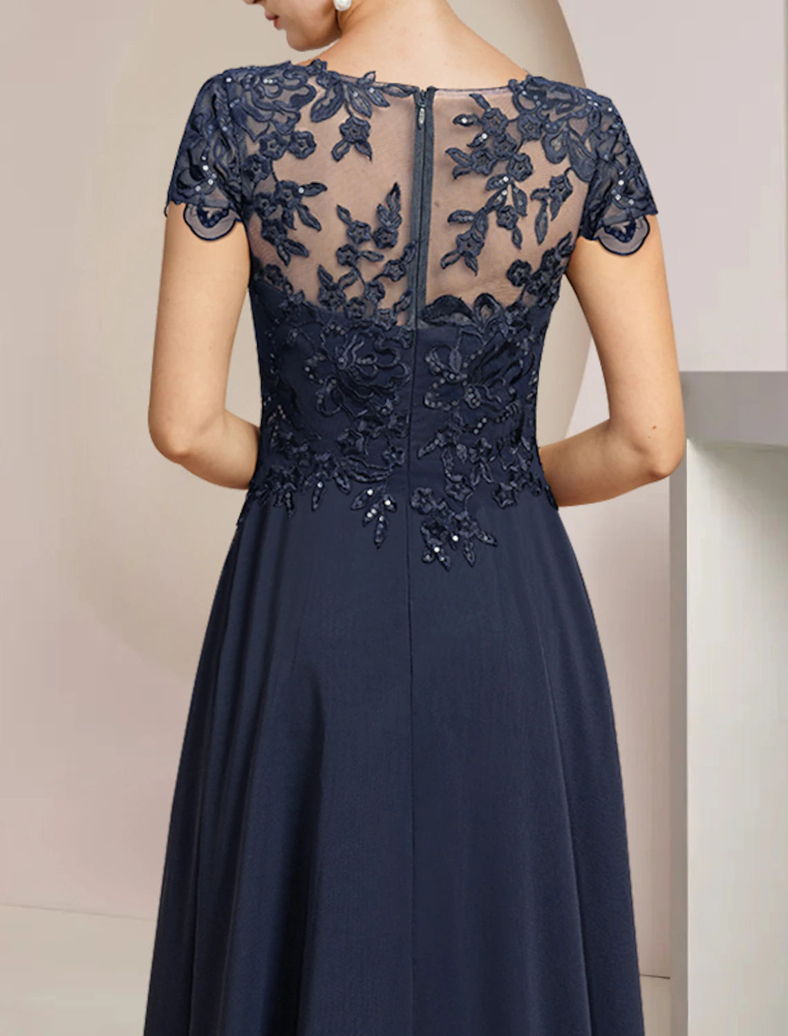 wholesale  A-Line Mother of the Bride Dress Formal Wedding Guest Elegant High Low Scoop Neck Asymmetrical Tea Length Chiffon Lace Short Sleeve with Sequin Appliques