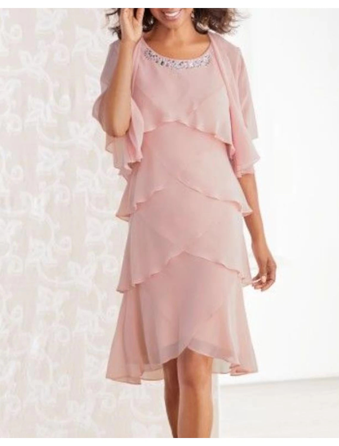 wholesale Two Piece Sheath / Column Mother of the Bride Dress Formal Fall Wedding Guest Elegant High Low Scoop Neck Asymmetrical Knee Length Chiffon Sleeveless Wrap Included with Tier