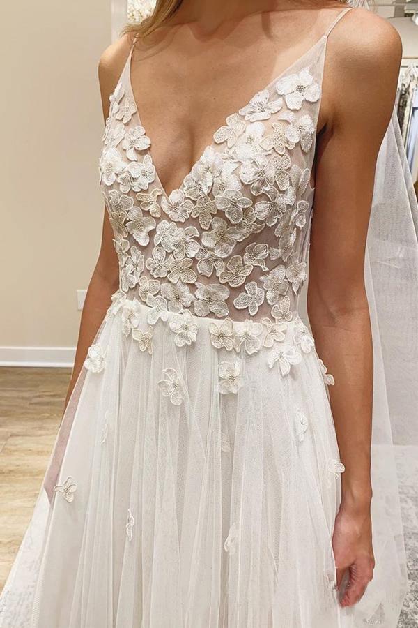 Wholesa A-Line V-Neck Sleeveless Ivory Floral Wedding Dress