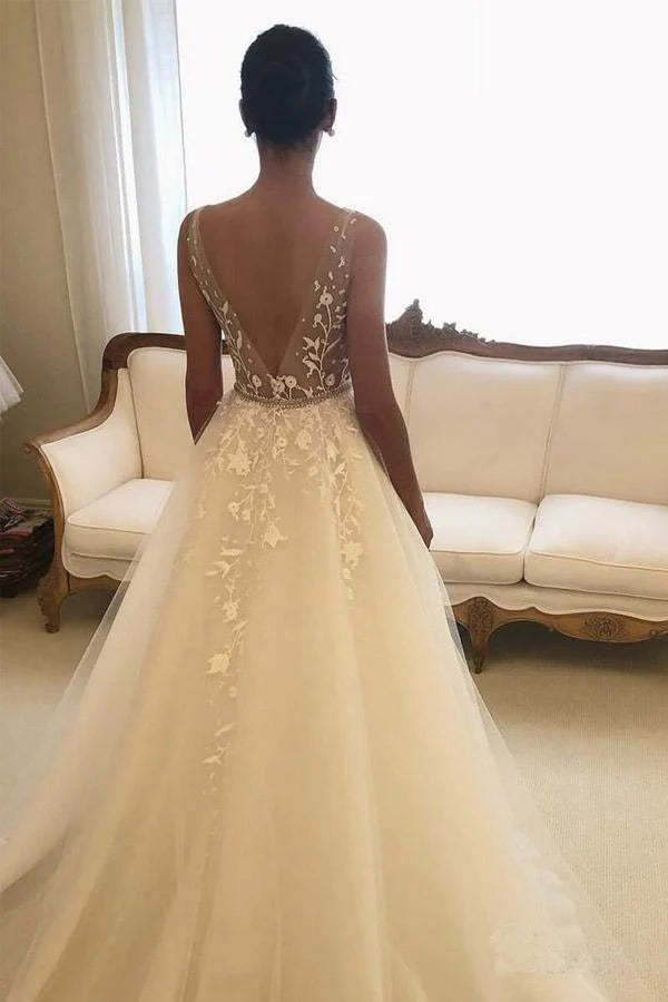 Wholesa A-Line V Neck Lace Backless Rustic Wedding Dress