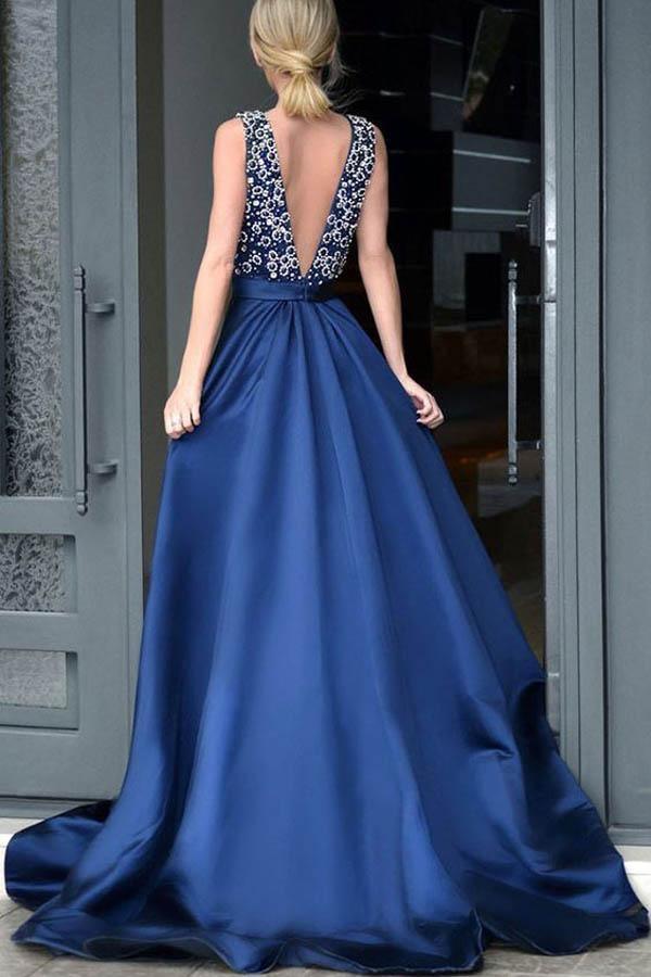 Wholesa A-line V-neck Royal Blue Satin Beading formal dresses evening gown Prom Dresses With Sweep Train