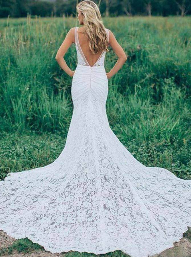 Wholesa Mermaid V-Neck Sleeveless Ruched Backless Lace Wedding Dress With Court Train