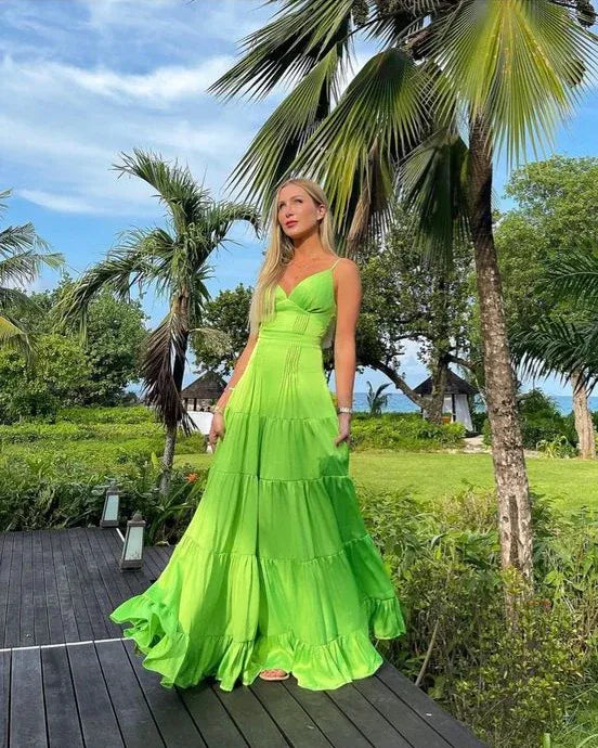 V‑Neck Spaghetti‑Strap Lime‑Green Tiered Maxi Prom Dress