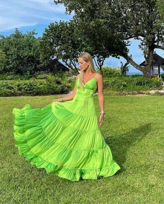 V‑Neck Spaghetti‑Strap Lime‑Green Tiered Maxi Prom Dress