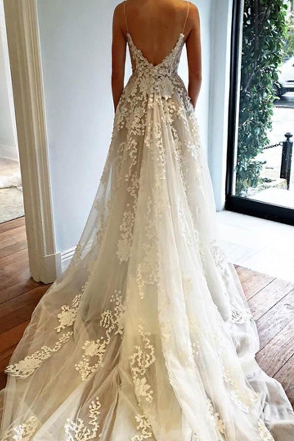 Wholesa A-line V Neck Spaghetti Straps Appliques Court Train Tulle Wedding Dress