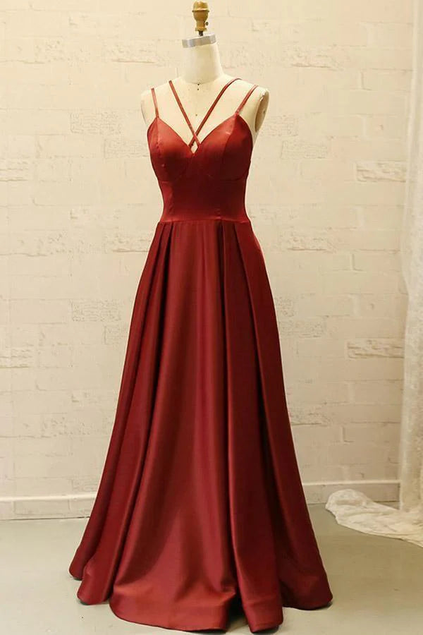 Wholesa Spaghetti V Neck Straps Burgundy Satin Split Long Prom Dress