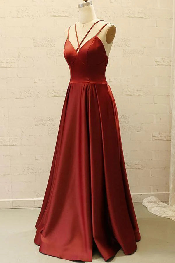 Wholesa Spaghetti V Neck Straps Burgundy Satin Split Long Prom Dress