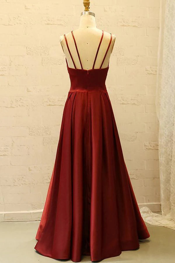 Wholesa Spaghetti V Neck Straps Burgundy Satin Split Long Prom Dress