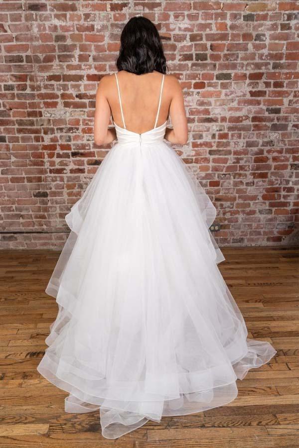 Wholesa A-line V-neck Straps Floor Length Satin White Wedding Dress with Ruffless