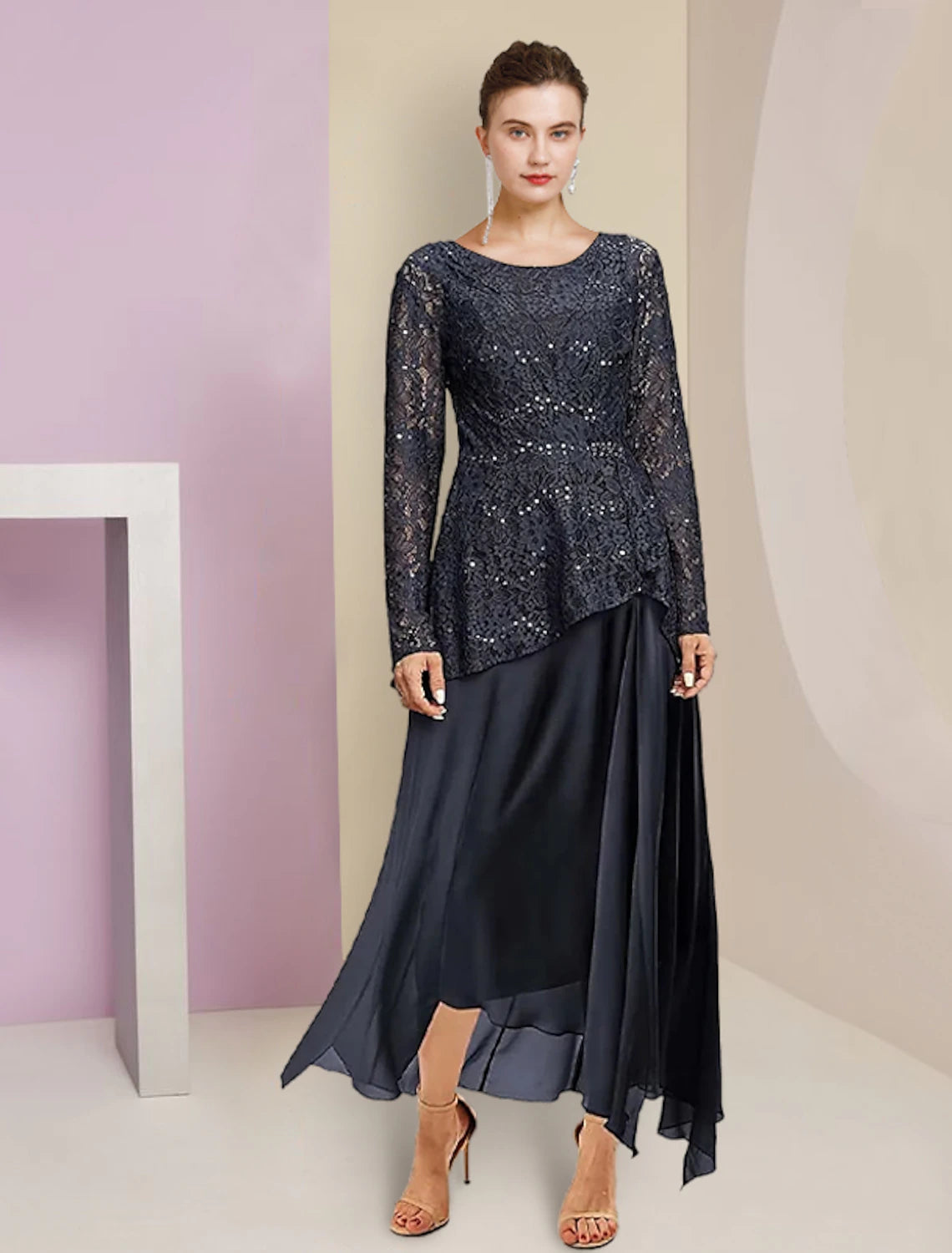 wholesale  A-Line Mother of the Bride Dress Formal Wedding Guest Elegant High Low Scoop Neck Asymmetrical Tea Length Chiffon Lace Long Sleeve with Pleats Ruched