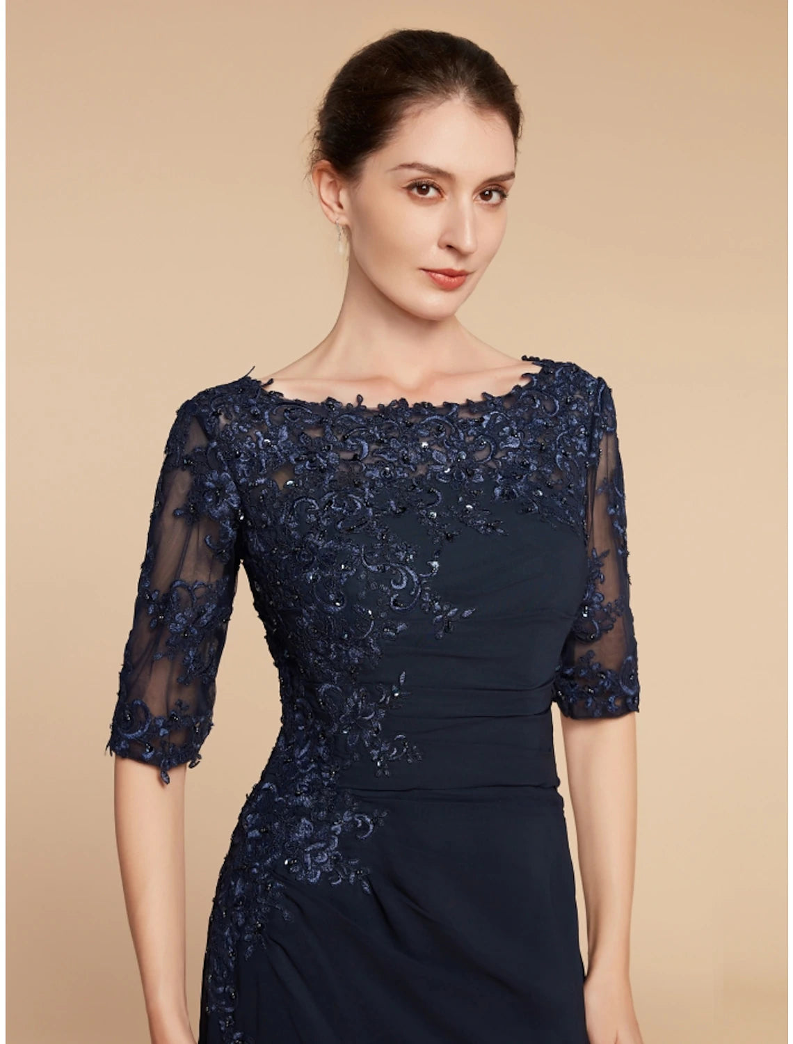 Wholesa Sheath / Column Mother of the Bride Dress Wedding Guest Elegant Scoop Neck Ankle Length Chiffon Lace Half Sleeve with Sequin Ruching Solid Color