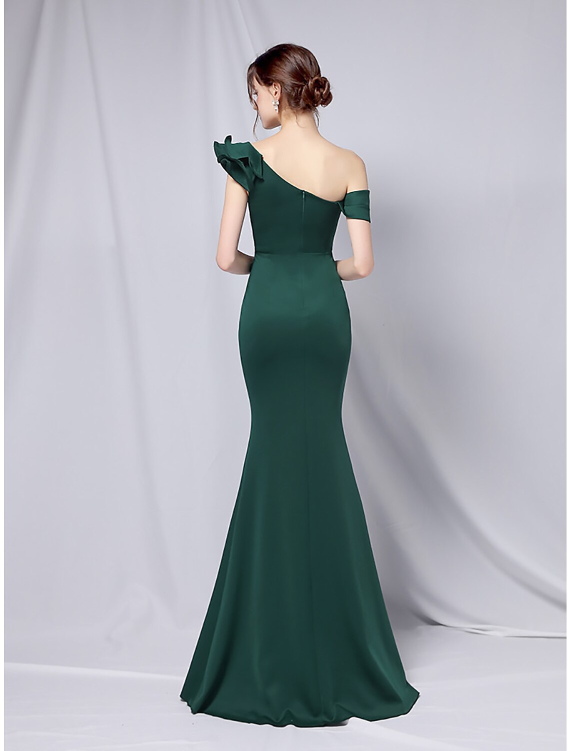 Wholesa Mermaid / Trumpet Evening Gown Empire Dress Wedding Guest Formal Evening Floor Length Short Sleeve One Shoulder Stretch Satin with Ruffles