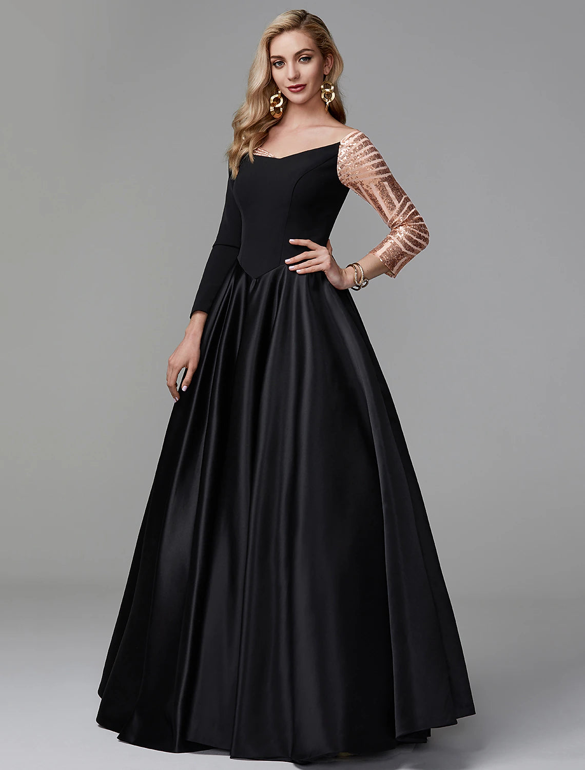 Wholesa Ball Gown Vintage Dress Quinceanera Formal Evening Floor Length Long Sleeve Off Shoulder Satin with Sequin