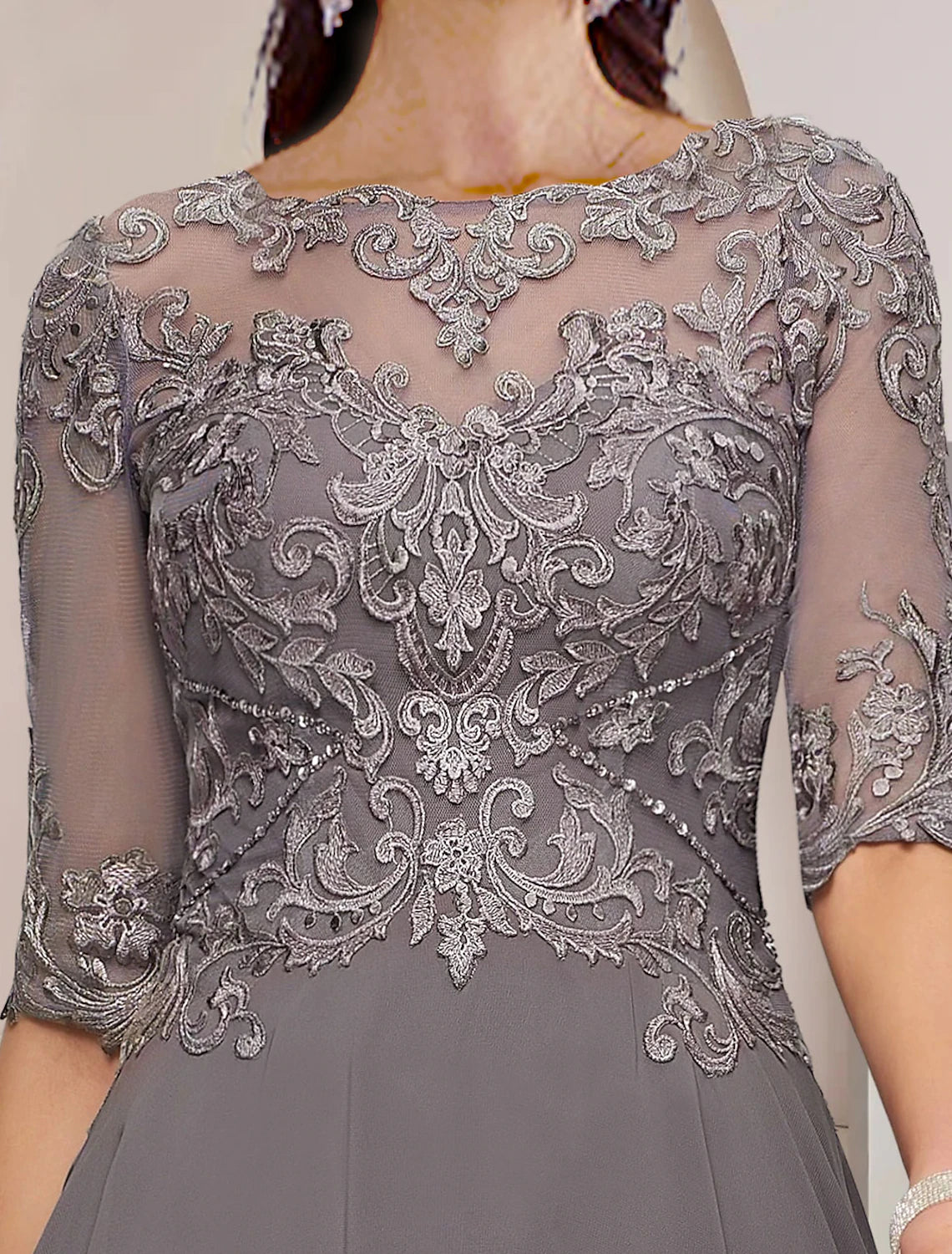 wholesale  A-Line Mother of the Bride Dress Formal Wedding Guest Elegant High Low Scoop Neck Asymmetrical Tea Length Chiffon Lace Half Sleeve with Pleats Appliques