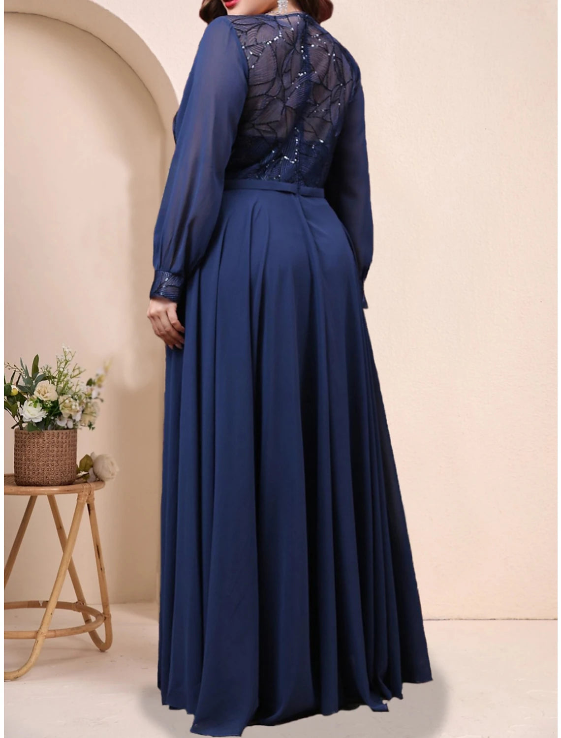 Wholesa A-Line Plus Size Curve Mother of the Bride Dress Wedding Guest Plus Size Sparkle & Shine Jewel Neck Floor Length Chiffon Long Sleeve with Pleats Sequin