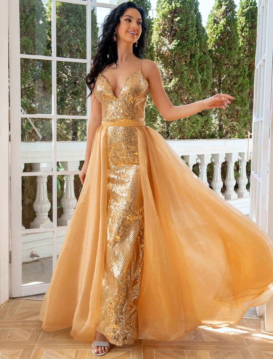 Wholesa Mermaid / Trumpet Evening Gown Luxurious Dress Wedding Party Black Dress Gala Floor Length Sleeveless V Neck Detachable Tulle with Sequin