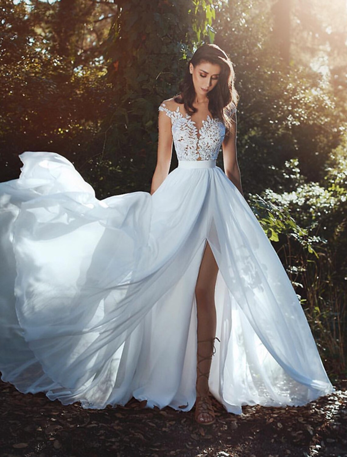 wholesale  Beach Open Back Wedding Dresses A-Line Illusion Neck Cap Sleeve Court Train Chiffon Bridal Gowns With Pleats Split Front