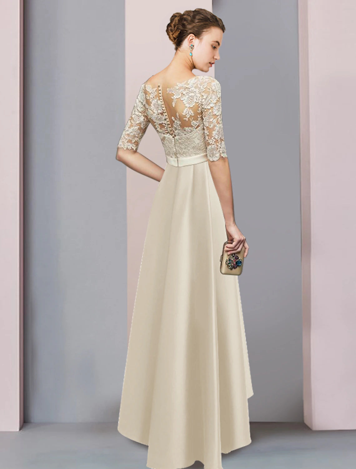 wholesale  A-Line Mother of the Bride Dress Formal Wedding Guest Elegant High Low Scoop Neck Asymmetrical Tea Length Satin Lace Half Sleeve with Bow(s) Appliques