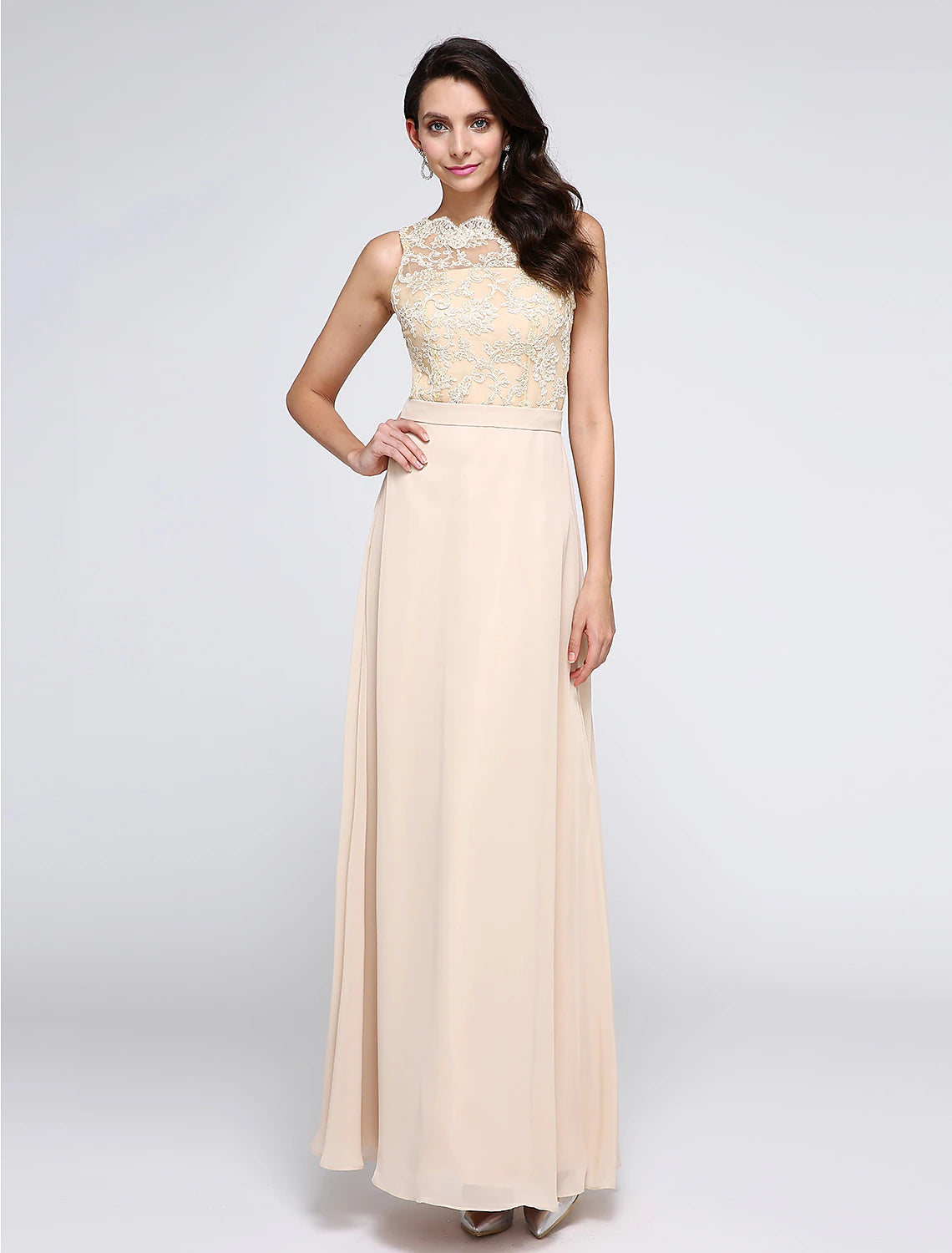 wholesale   Sheath / Column Beautiful Back Dress Holiday Cocktail Party Ankle Length Sleeveless Jewel Neck Chiffon with Lace