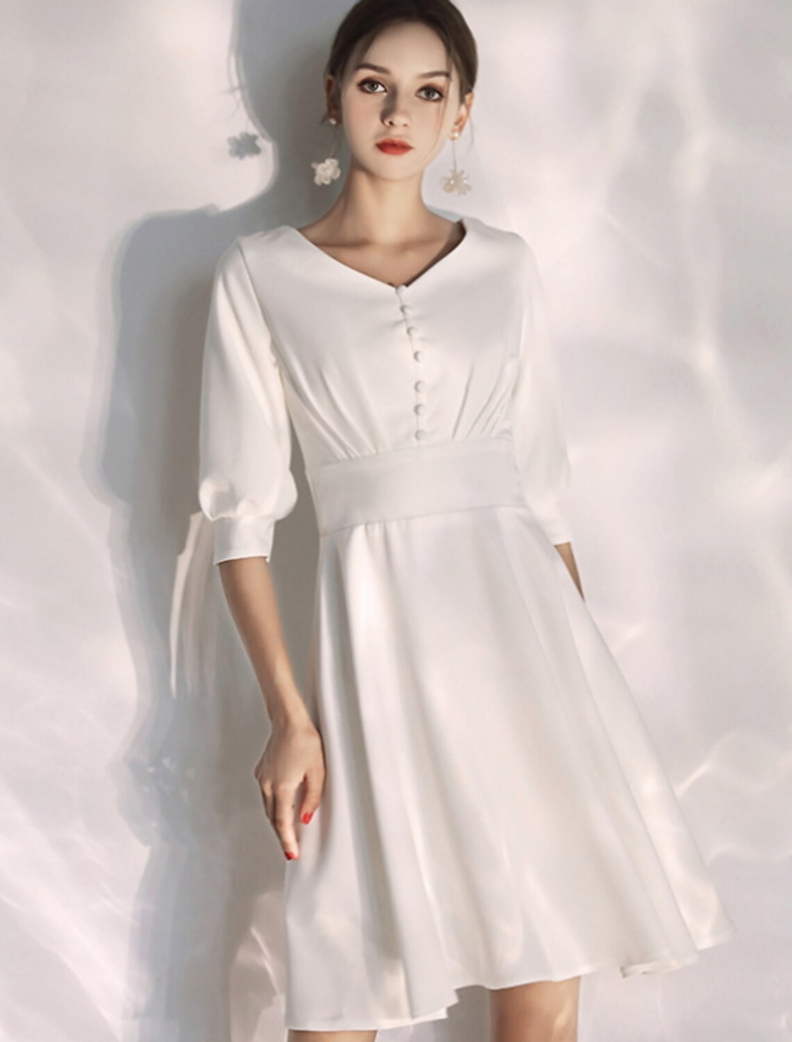 wholesale  Reception Little White Dresses Wedding Dresses A-Line V Neck Half Sleeve Knee Length Stretch Fabric Bridal Gowns