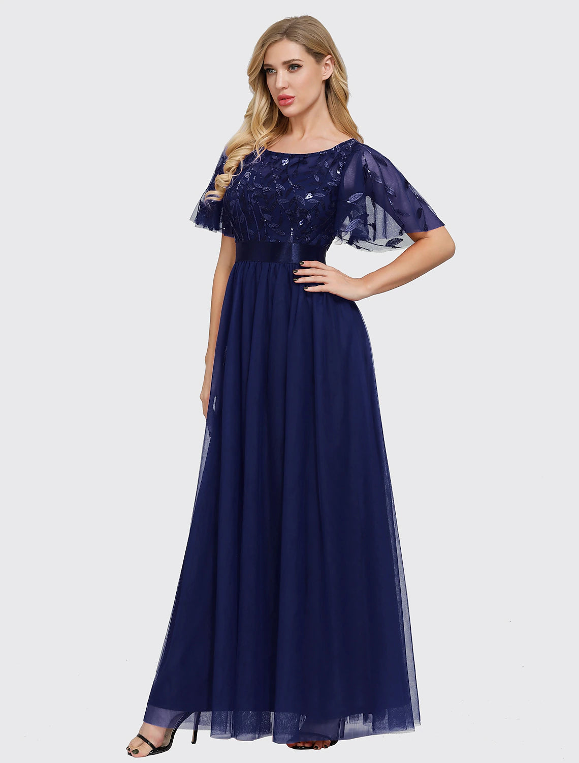 wholesa A-Line Empire Elegant Party Wear Prom Dress Jewel Neck Short Sleeve Floor Length Tulle with Embroidery / Illusion Sleeve