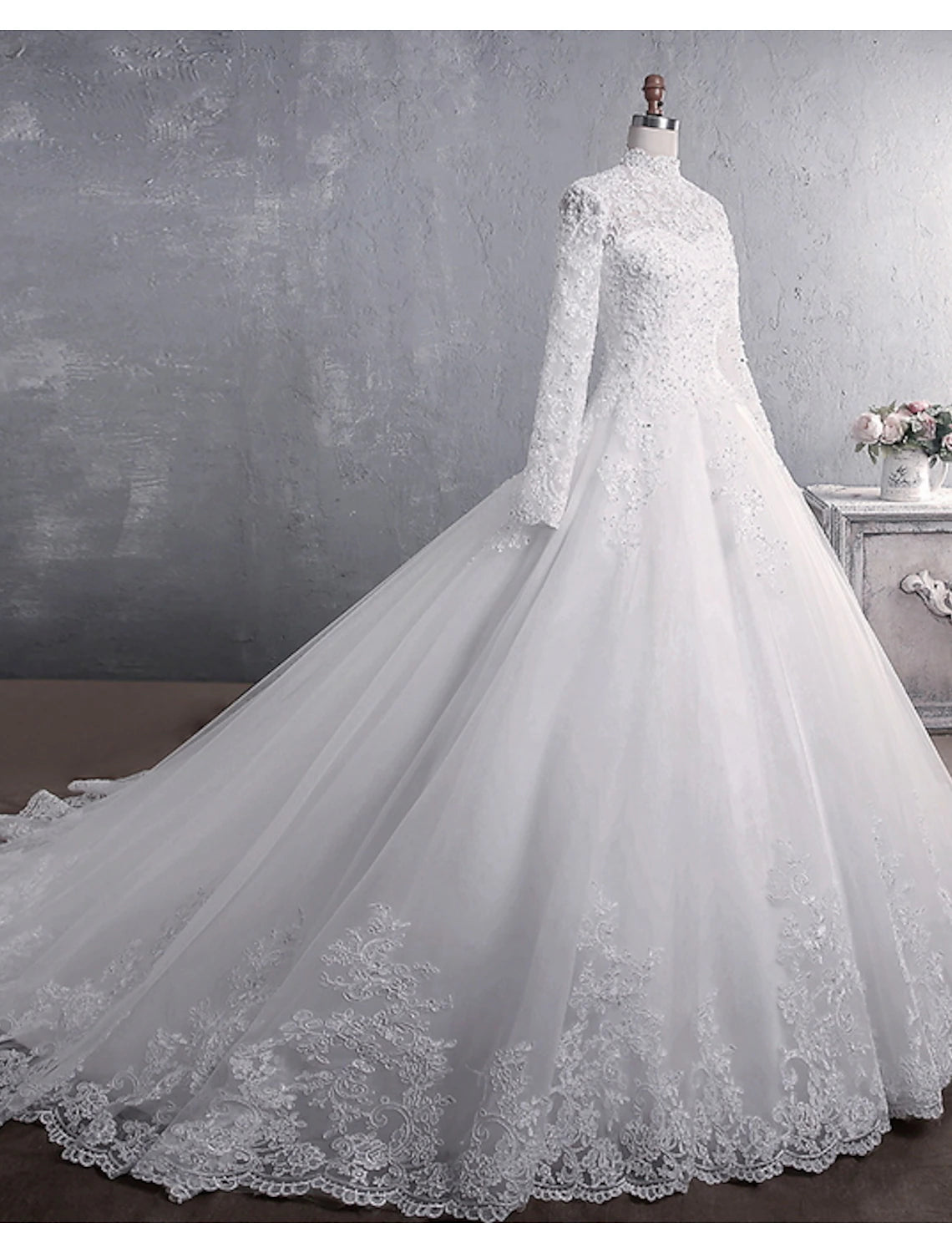 wholesale  Engagement Formal Wedding Dresses Ball Gown High Neck Long Sleeve Court Train Lace Bridal Gowns With Appliques