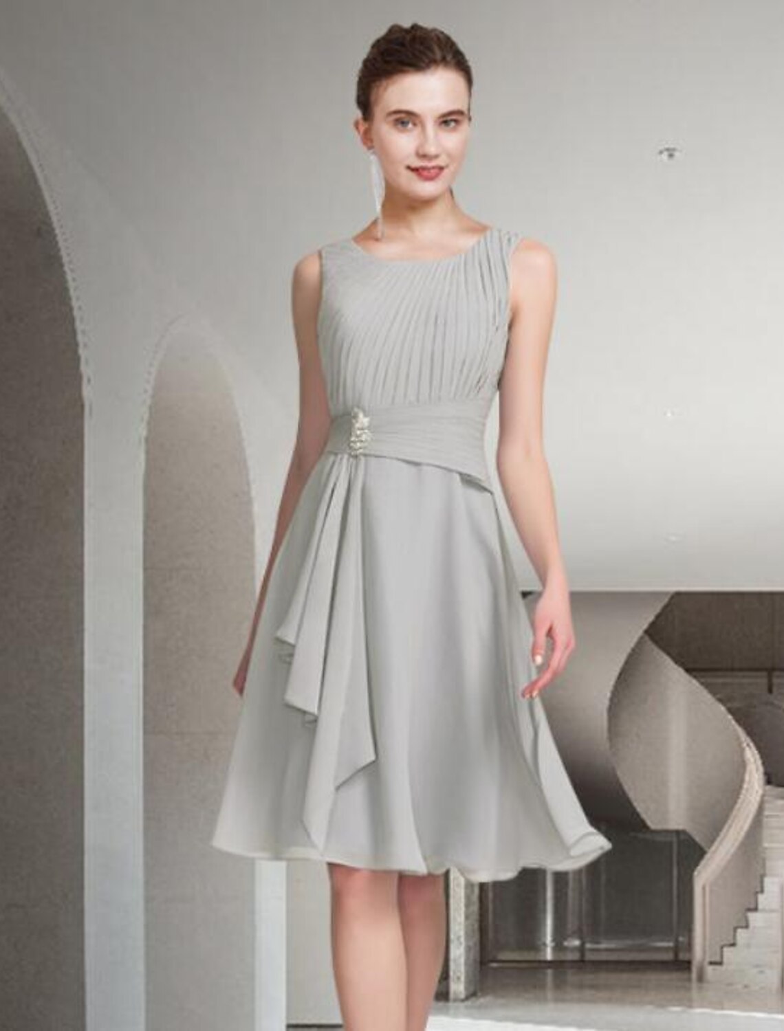 wholesale  Two Piece A-Line Mother of the Bride Dress Church Elegant Jewel Neck Knee Length Chiffon Sleeveless with Pleats Ruched