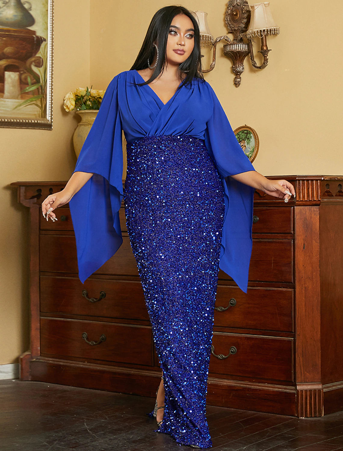 wholesale  Mermaid / Trumpet Wedding Guest Dresses Plus Size Dress Cocktail Party Dress Black Tie Floor Length Long Sleeve V Neck Fall Wedding Guest Sequined with Glitter Slit