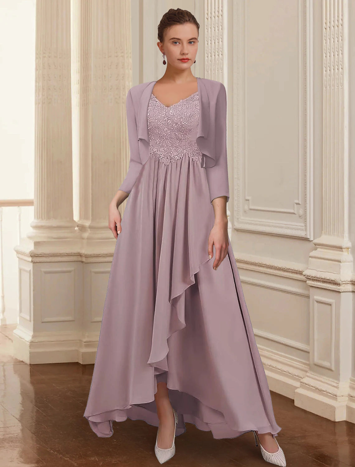Wholesa  Two Piece A-Line Mother of the Bride Dress Formal Wedding Guest Elegant High Low V Neck Asymmetrical Ankle Length Chiffon Lace 3/4 Length Sleeve Jacket Dresses with Appliques