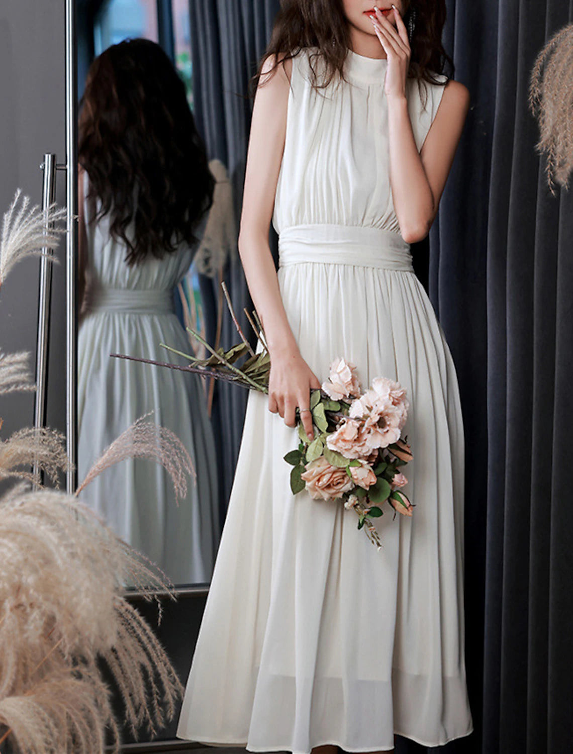 wholesale  Reception Little White Dresses Wedding Dresses A-Line High Neck Sleeveless Tea Length Chiffon Bridal Gowns With Pleats Solid Color