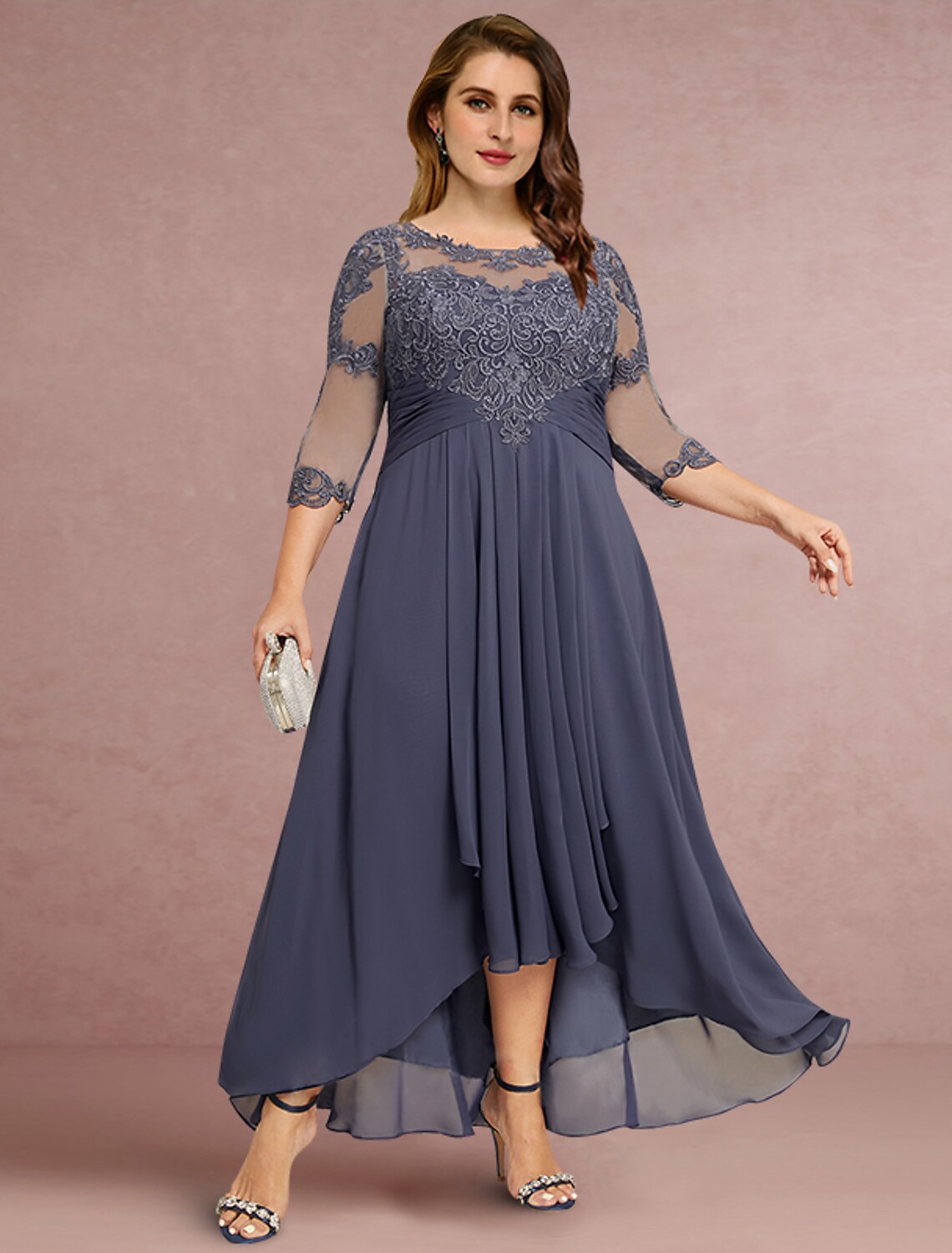 wholesale   Sheath / Column Mother of the Bride Dress Wedding Guest Elegant Jewel Neck Asymmetrical Chiffon Lace 3/4 Length Sleeve with Pleats Solid Color