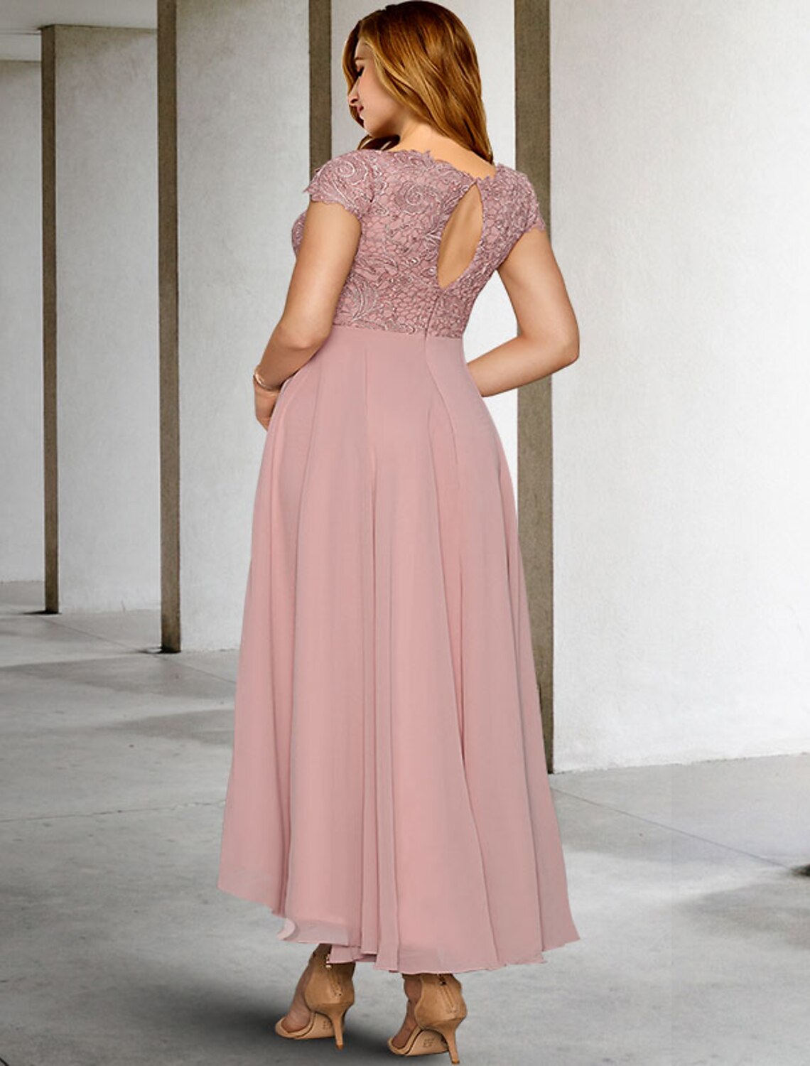 wholesale  A-Line Mother of the Bride Dresses Plus Size Hide Belly Curve Elegant Dress Formal Asymmetrical Short Sleeve Jewel Neck Chiffon with Pleats Appliques