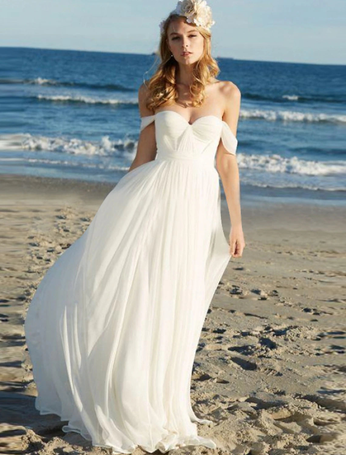 wholesale  Beach Sexy Boho Wedding Dresses A-Line Off Shoulder Cap Sleeve Floor Length Chiffon Bridal Gowns With Pleats Solid Color