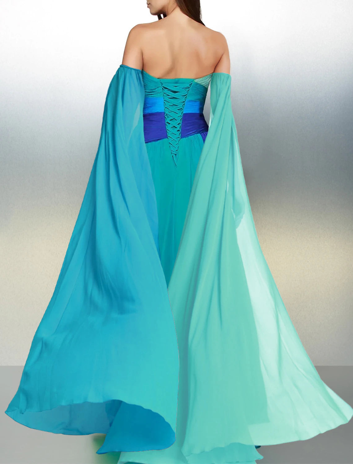 Wholesa A-Line Wedding Guest Dresses Color Block Dress Formal Evening Party Court Train Sleeveless Off Shoulder Chiffon with Rhinestone