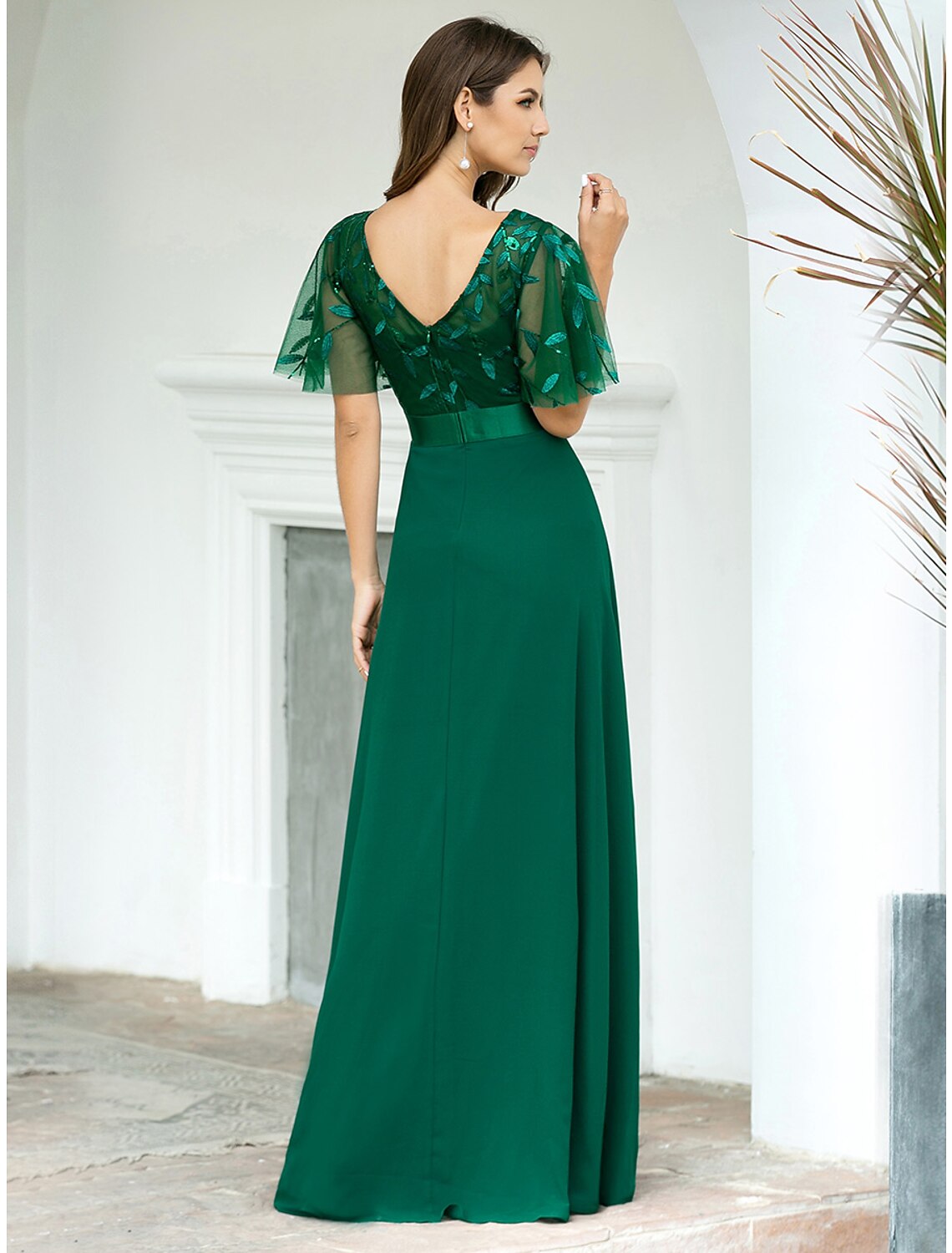 Wholesa A-Line Prom Dresses Empire Dress Evening Party Wedding Guest Floor Length Short Sleeve Jewel Neck Bridesmaid Dress Chiffon V Back with Sequin