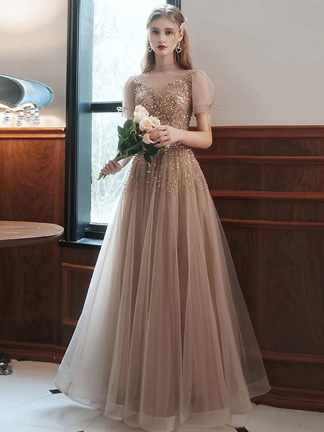 Wholesa A-Line Prom Dresses Sparkle Dress Engagement Floor Length Sleeveless High Neck Tulle with Bow(s) Beading Sequin