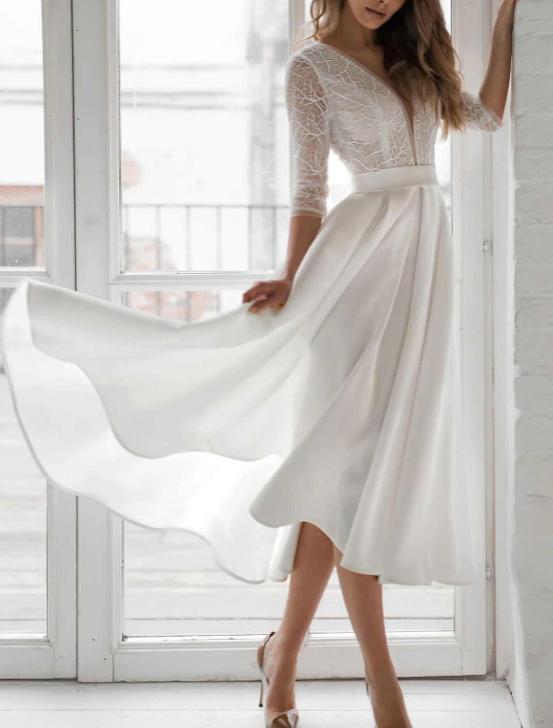 Wholesa  Bridal Shower Little White Dresses Wedding Dresses A-Line V Neck 3/4 Length Sleeve Tea Length Chiffon Bridal Gowns With Solid Color
