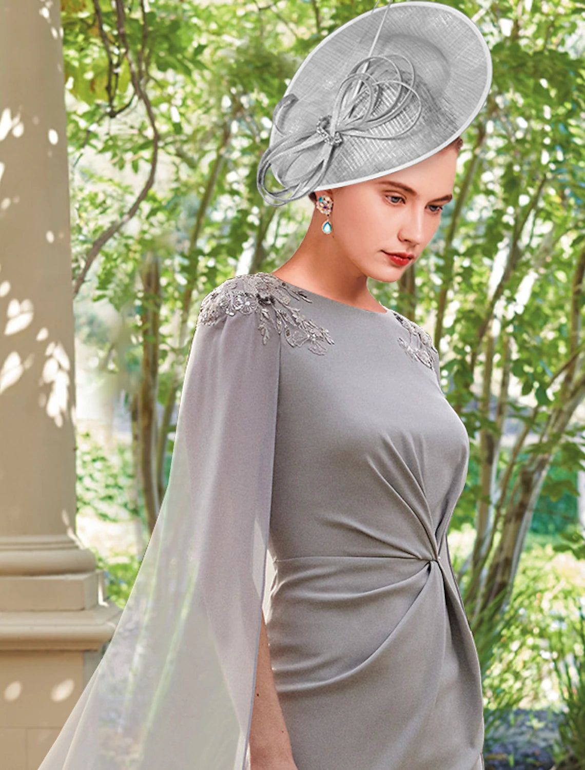 wholesale  Sheath / Column Mother of the Bride Dress Formal Party Elegant Scoop Neck Ankle Length Chiffon Long Sleeve with Appliques Split Front Ruching