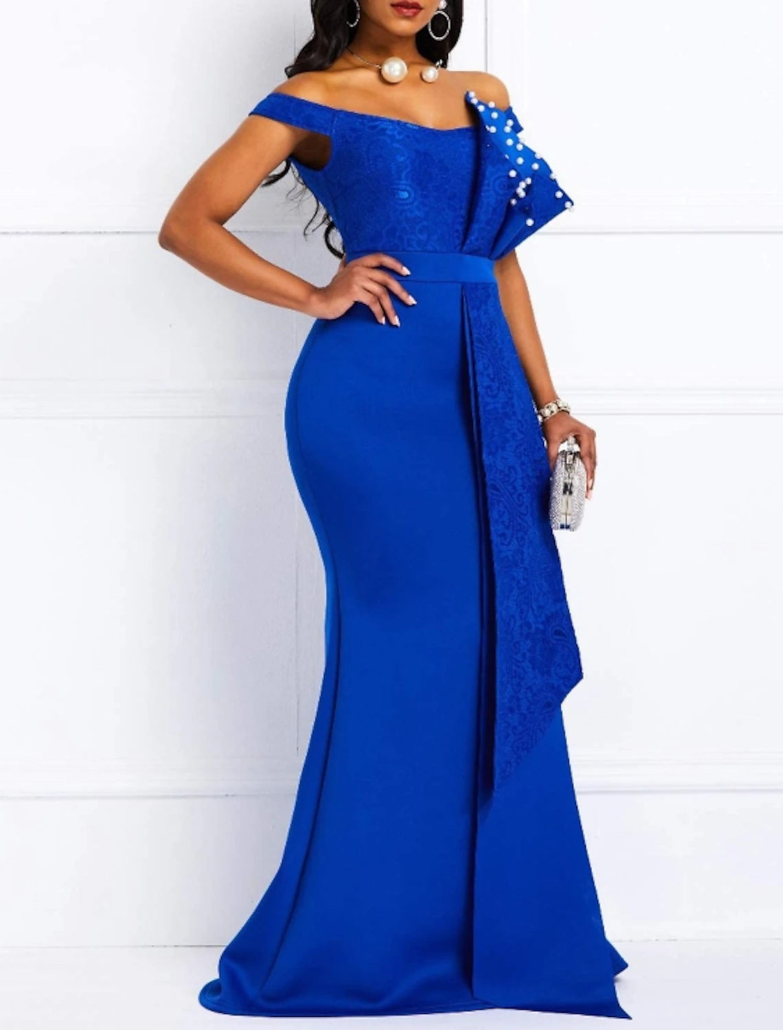 Wholesa Mermaid Party Dress Beautiful Back Elegant Engagement Formal Evening Dress Off Shoulder Short Sleeve Sweep / Brush Train Lace with Sash / Ribbon Pearls