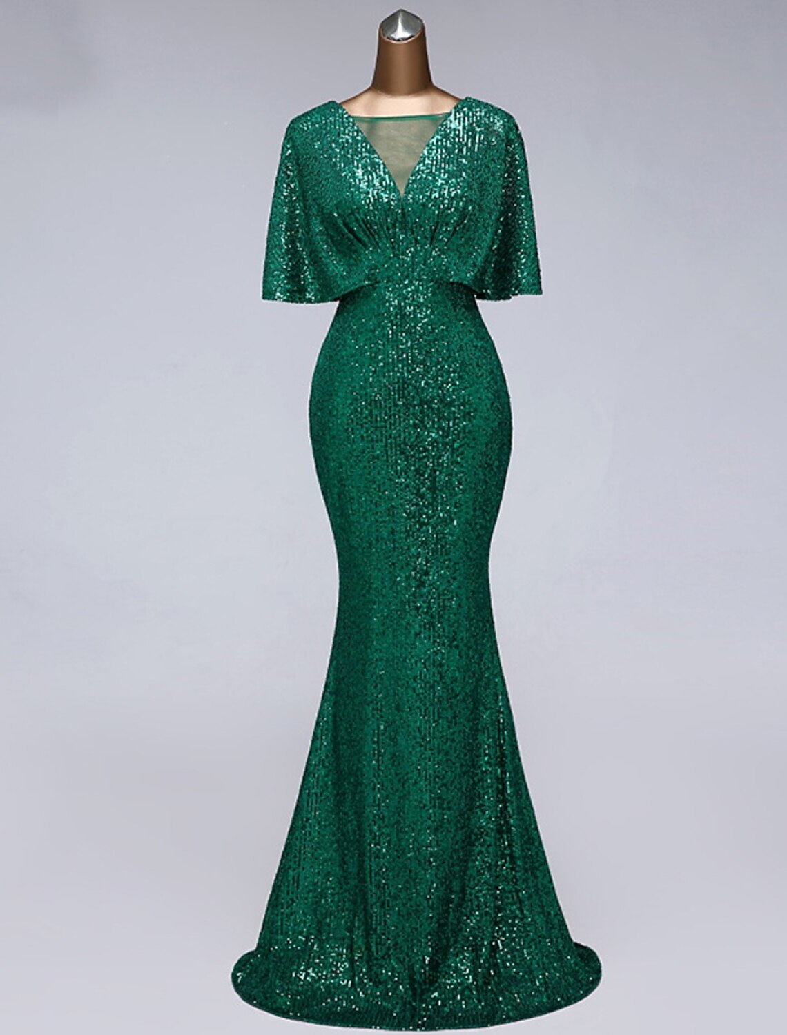 wholesale   Mermaid / Trumpet Prom Dresses Sparkle Dress Wedding Guest Prom Floor Length Half Sleeve Illusion Neck Sequined with Sequin Ruffles