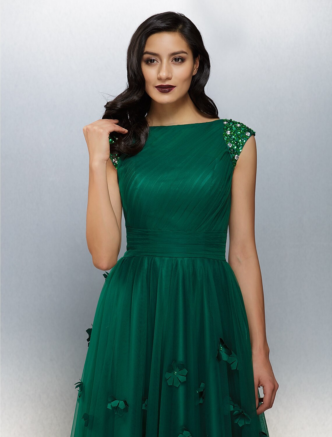 Wholesa A-Line Floral Dress Wedding Guest Prom Floor Length Short Sleeve Boat Neck Tulle with Crystals Appliques