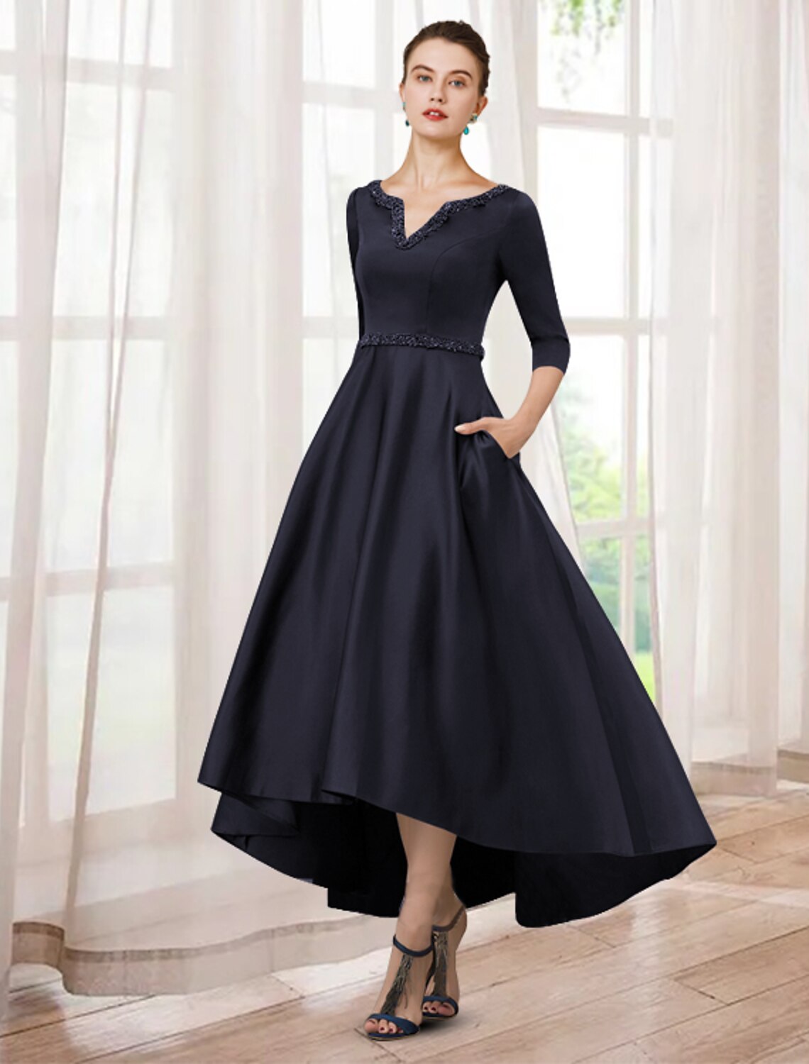 wholesale  A-Line Mother of the Bride Dress Elegant High Low V Neck Asymmetrical Tea Length Satin Half Sleeve with Beading