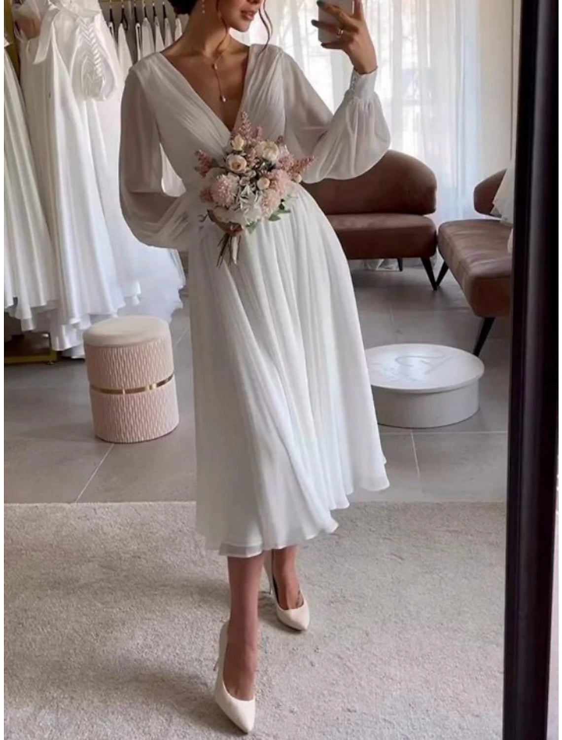 Wholesa  Little White Dresses Wedding Dresses A-Line V Neck Long Sleeve Tea Length Chiffon Bridal Gowns With Pleats Solid Color