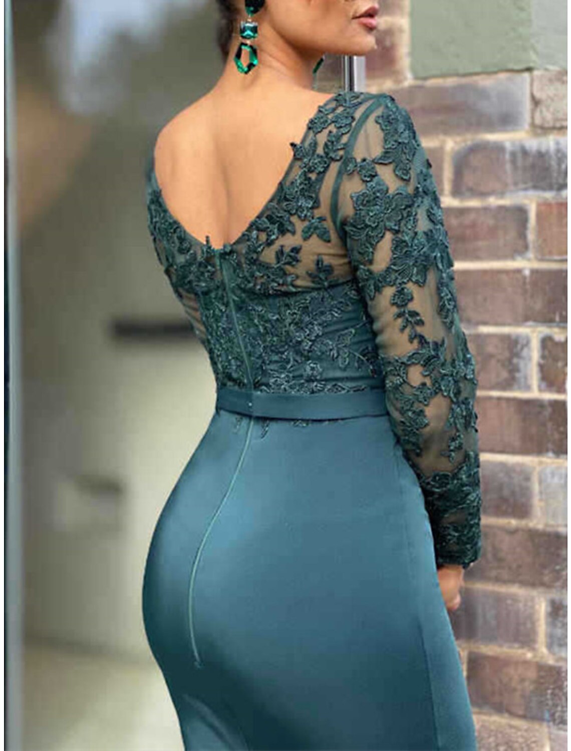 Wholesa Mermaid / Trumpet Mother of the Bride Dress Wedding Guest Elegant Sexy V Neck Floor Length Lace Stretch Chiffon Long Sleeve with Bow(s) Appliques